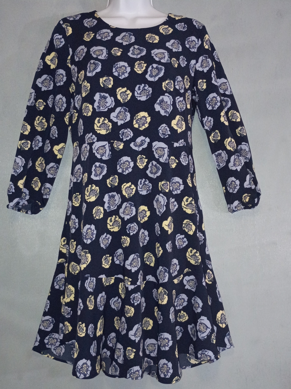 LOFT Navy Floral Swing Dress with Yellow & Light Gray Blooms